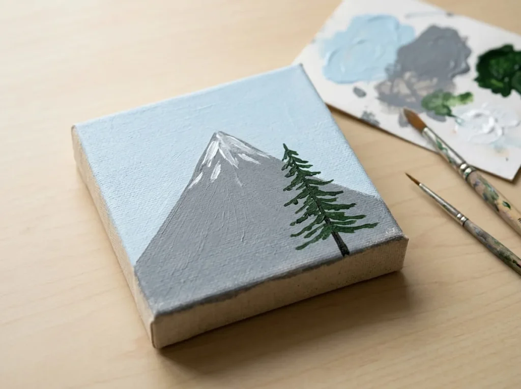 Beginner small canvas acrylic landscape featuring a gray mountain and one dark green pine tree against a pale blue sky.