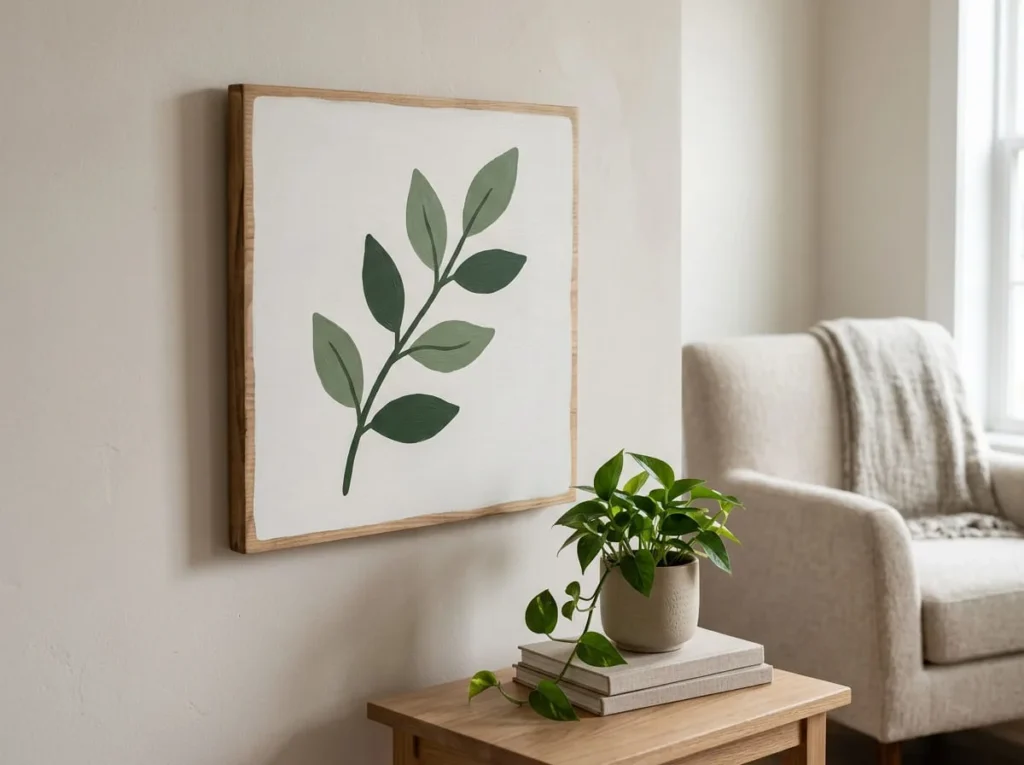 Handmade warm white wooden wall sign painted with a simple sage and forest green botanical branch.
