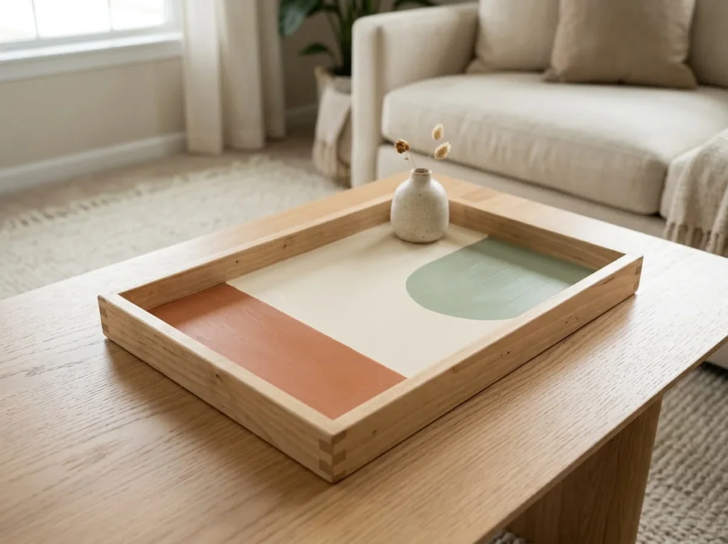 Modern handmade wooden tray painted with cream, terracotta, and sage green geometric shapes.