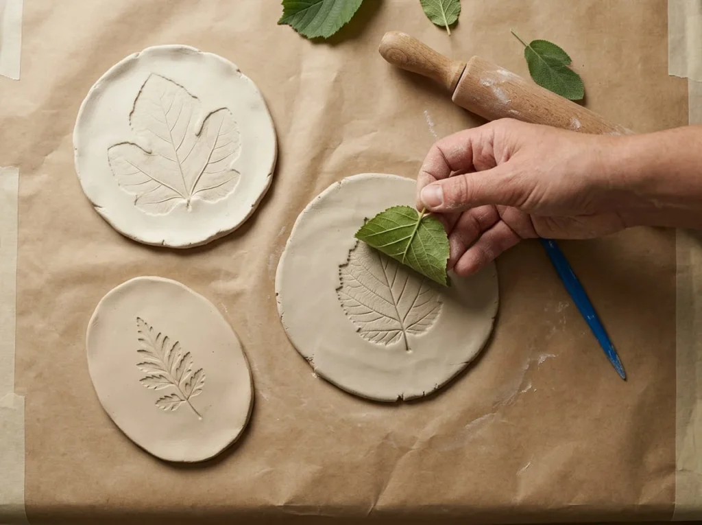 Handmade round and oval air-dry clay decorations featuring detailed impressions from natural leaves.