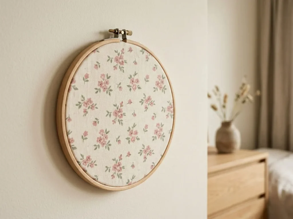 Natural wooden embroidery hoop displaying cream cotton fabric with a delicate pink floral pattern on a bedroom wall.
