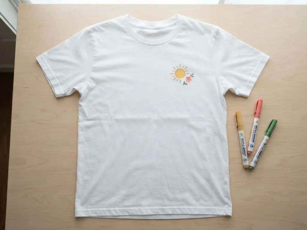 White cotton T-shirt with a small colourful sun and floral design created using fabric paint markers
