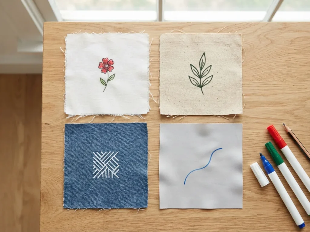 Cotton, denim, canvas, and polyester fabric samples decorated with paint marker designs