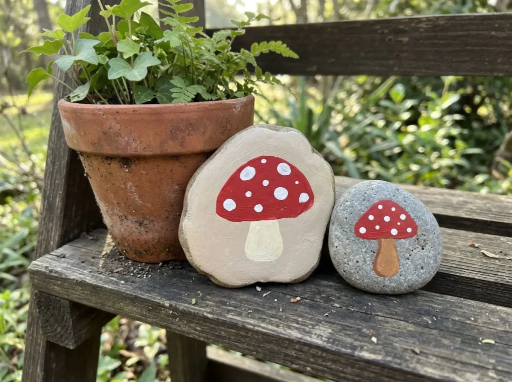 Two smooth garden stones painted with simple red mushrooms, white spots, and cream stems.