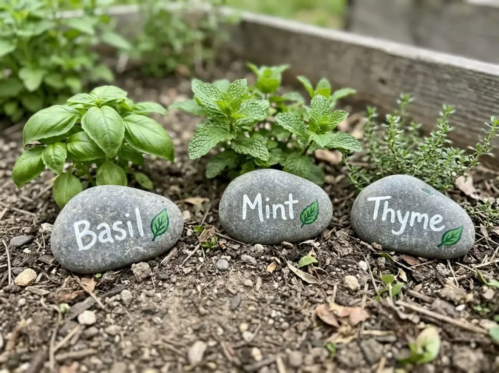 Decorative painted rock garden markers with plant names and leaf illustrations