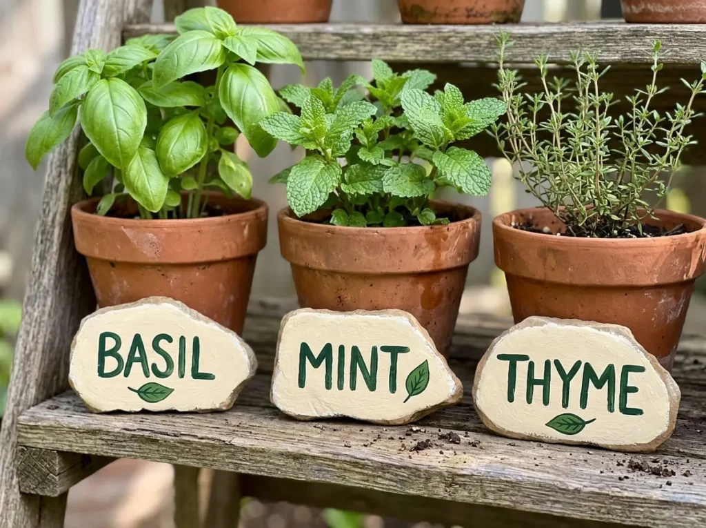 Cream-painted stone garden markers labeled BASIL, MINT, and THYME beside herb plants.