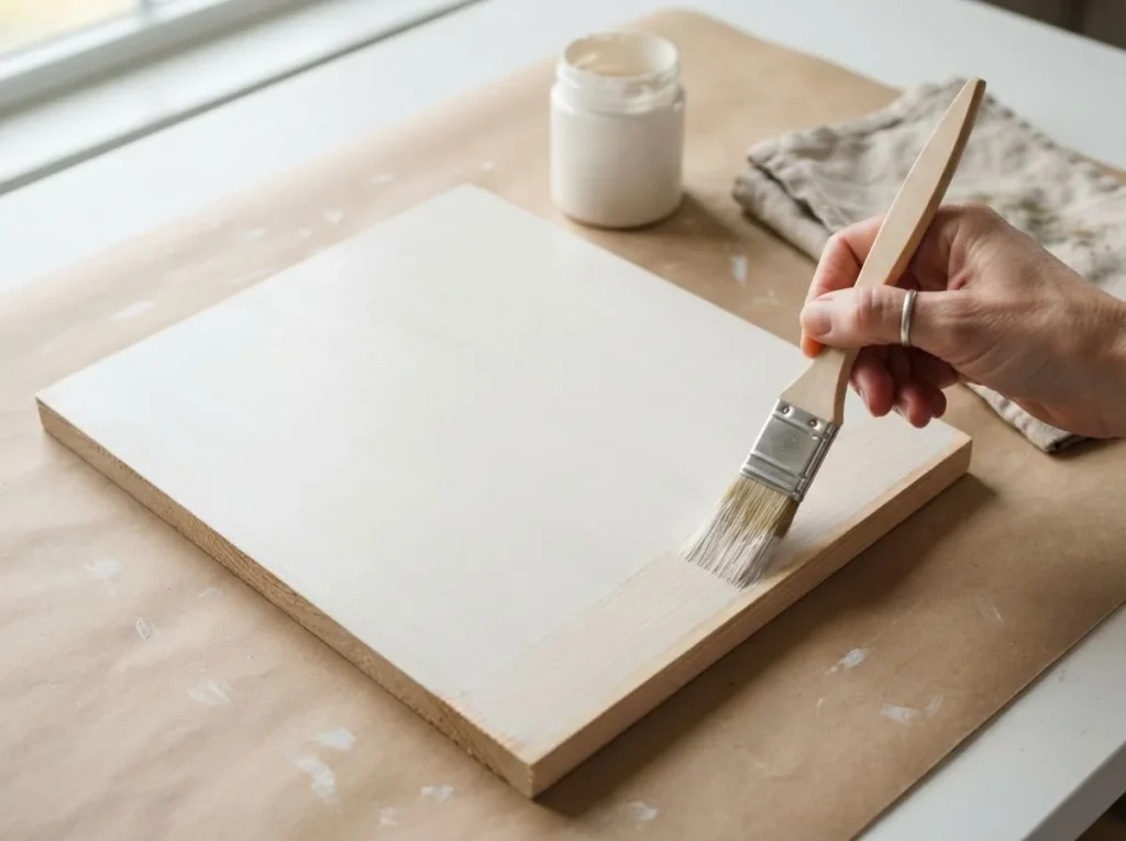 Hand applying warm white acrylic craft paint to a rectangular wooden board with a flat brush.