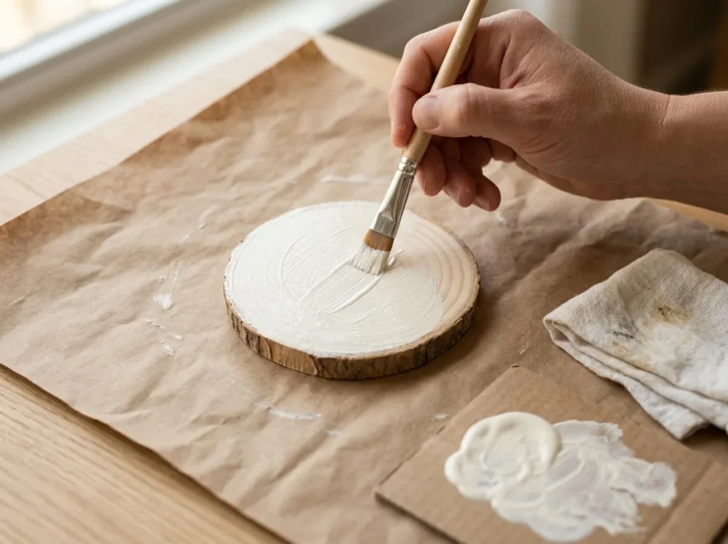 Hand applying cream acrylic paint to a round wooden coaster using a small flat paintbrush.