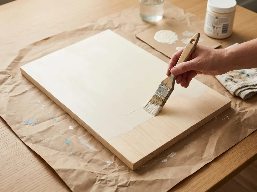 Adult applying warm cream acrylic paint to a rectangular wooden welcome sign blank with a flat paintbrush.