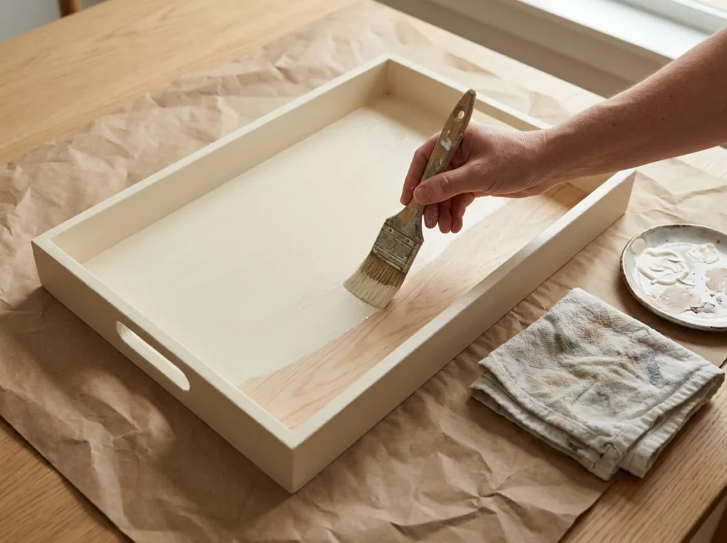 Adult applying warm cream acrylic paint to the flat interior of a wooden decorative tray with a small brush.