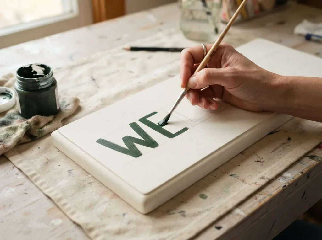 Hand painting dark green WELCOME letters on a warm white wooden craft sign using a small detail brush.
