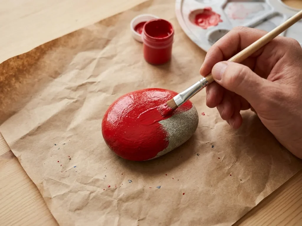 Adult hand applying red acrylic paint to a smooth oval rock with a small brush for a garden ladybug decoration.