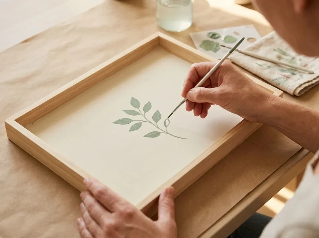 Adult painting a simple sage green botanical branch on the cream interior of a wooden decorative tray.