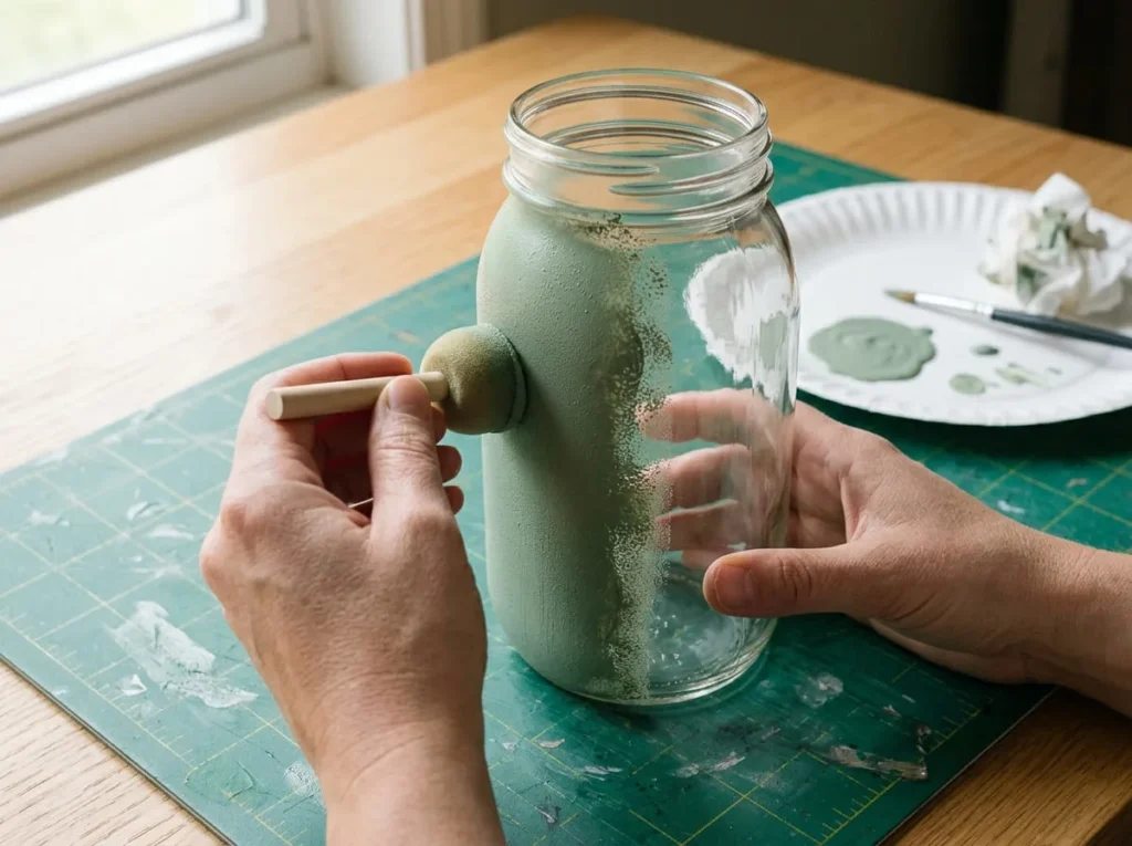 Adult applying a thin coat of sage green glass-compatible paint to the outside of a mason jar.