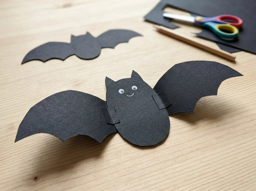 Black paper bat craft with folded wings and a friendly face