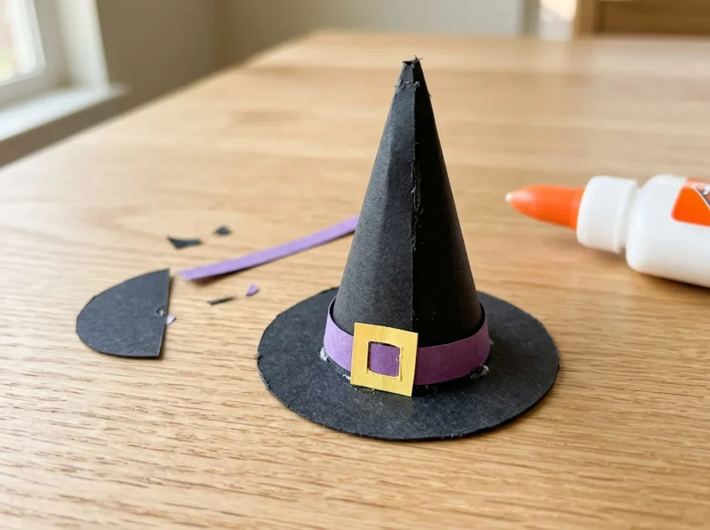 Mini black paper witch hat with a purple band and yellow buckle