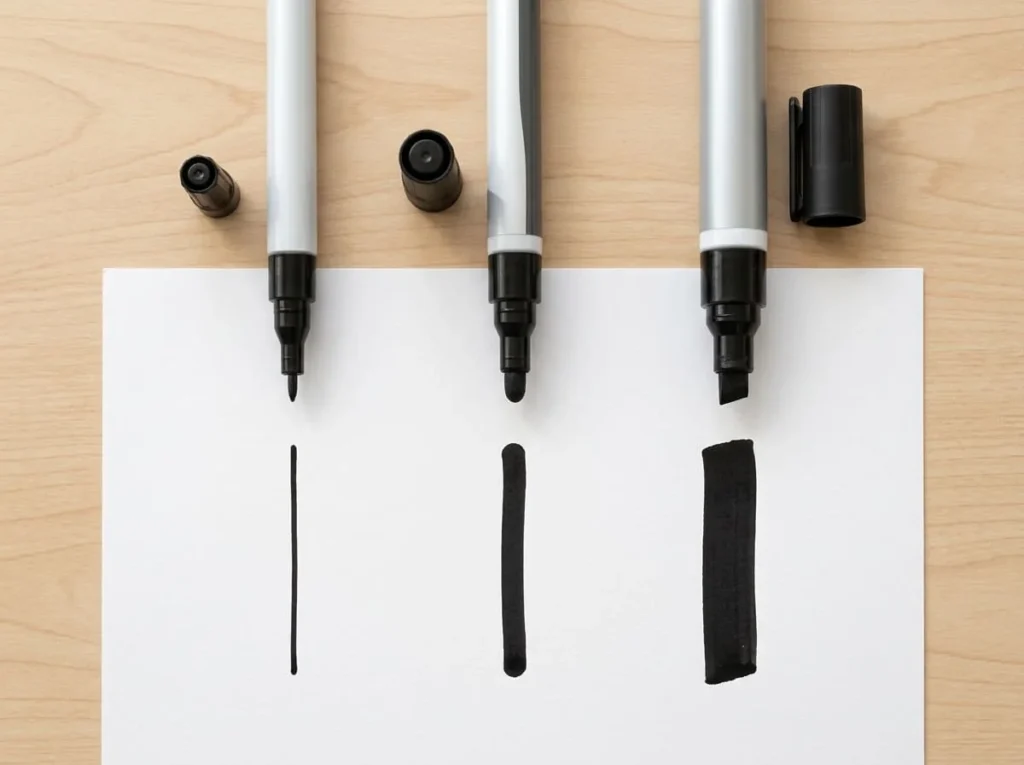 Fine, medium, and broad permanent paint marker tips with sample paint strokes