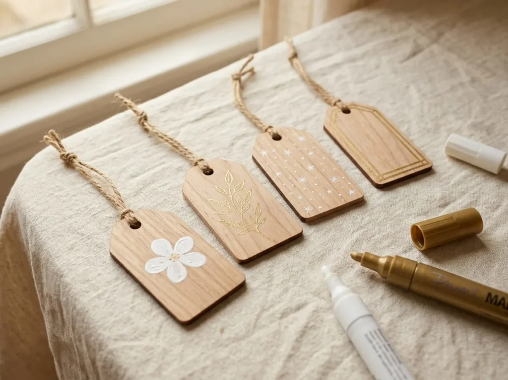 Handmade wooden gift tags decorated with white and gold permanent paint marker designs