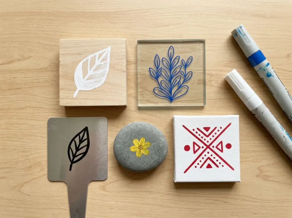 Permanent paint marker designs on wood, glass, metal, stone, and canvas surfaces