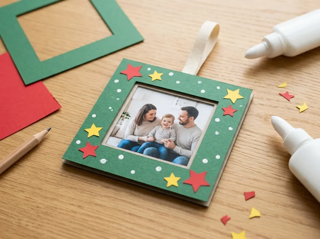 Handmade cardstock Christmas photo frame ornament with a family photograph and festive decorations