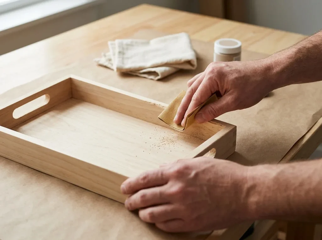 Adult hands gently sanding the inside edge of an unfinished wooden tray before painting.