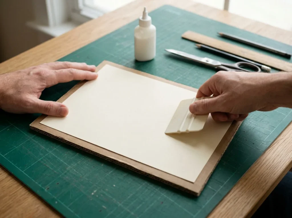 Adult hands attaching smooth cream paper to a sturdy rectangular cardboard backing for a DIY wall art project.