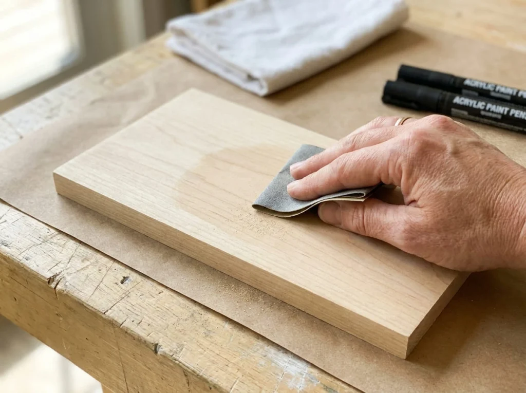 Close-up of a hand gently sanding an unfinished wooden craft board before painting with acrylic paint pens.
