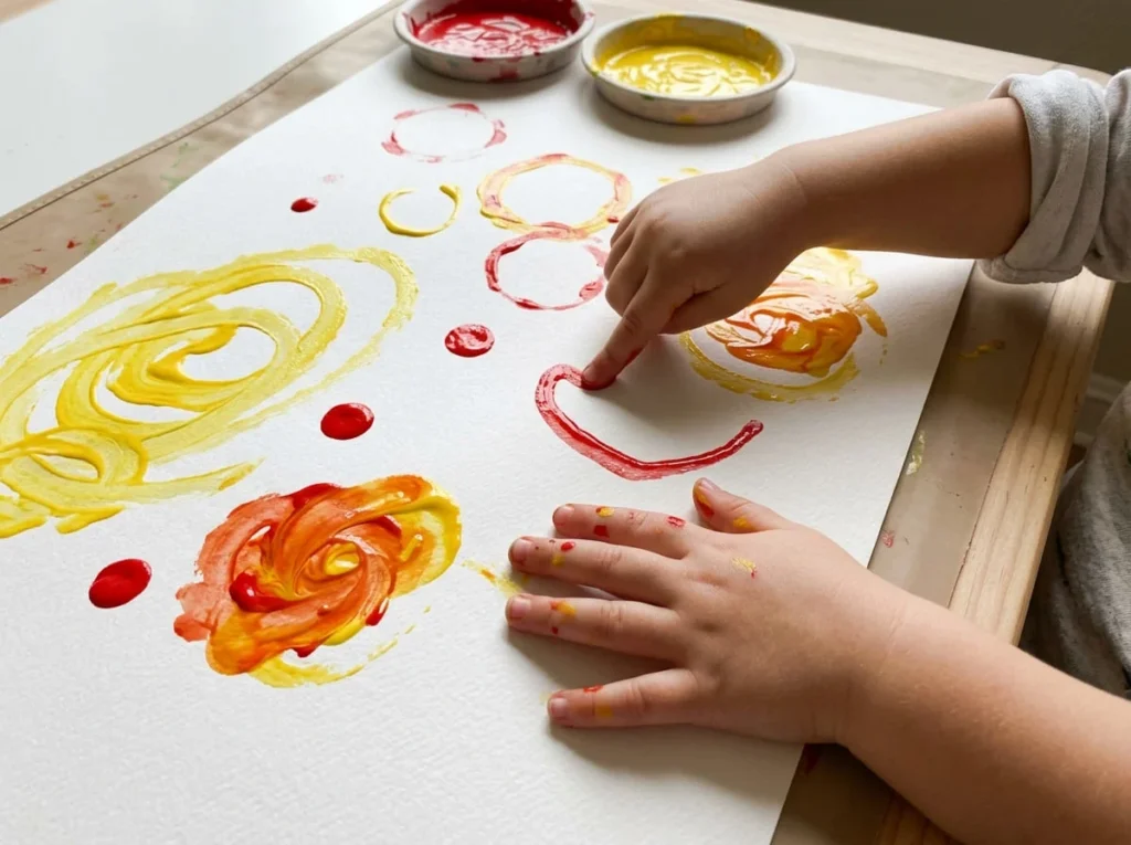 Preschool child using fingers to create colorful washable paint marks on thick white paper.