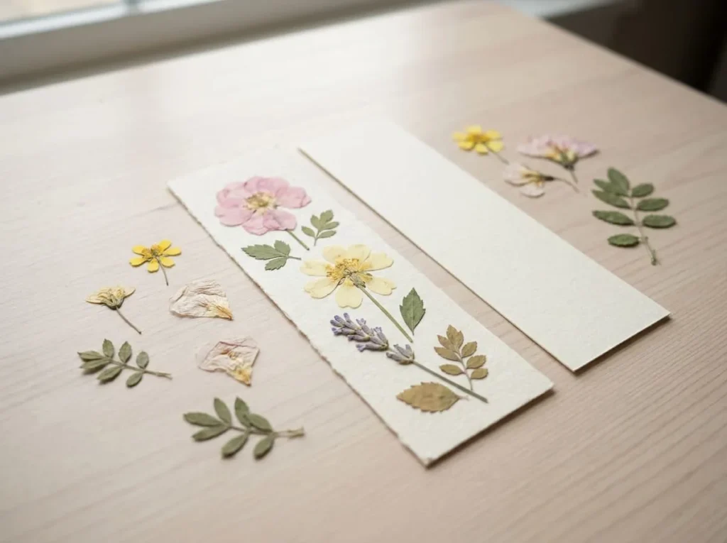 Handmade pressed flower bookmark decorated with small dried flowers on cardstock