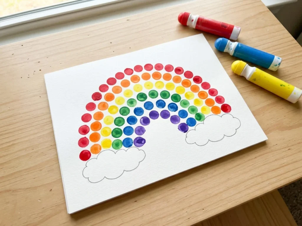 Handmade rainbow artwork created with colourful dot paint markers on white paper