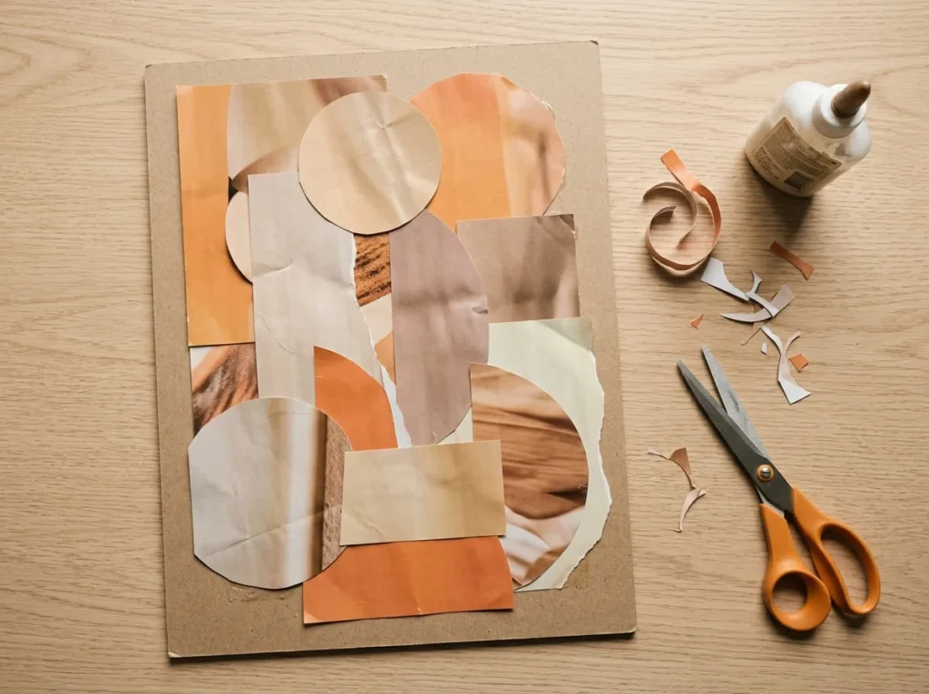 Colorful handmade abstract wall art created with overlapping orange, beige, and brown magazine paper cutouts.