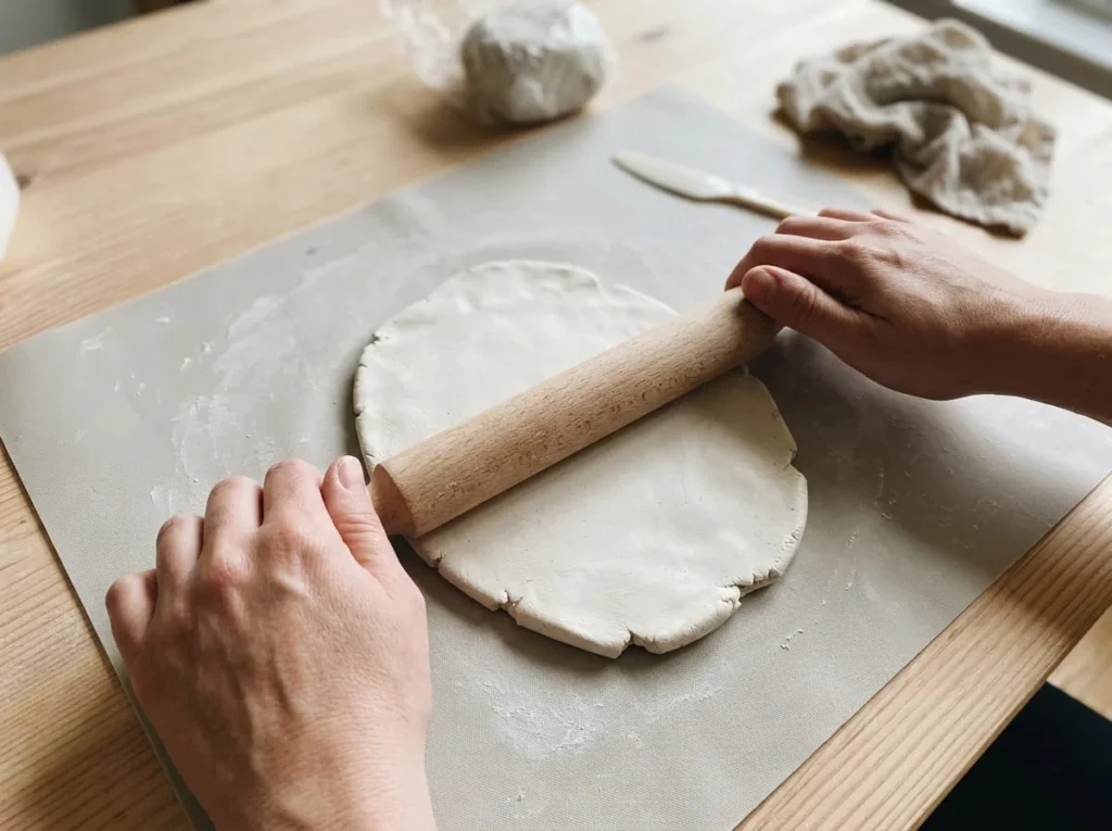 Adult hands using a wooden rolling pin to flatten off-white air-dry clay into an even slab on a craft mat.