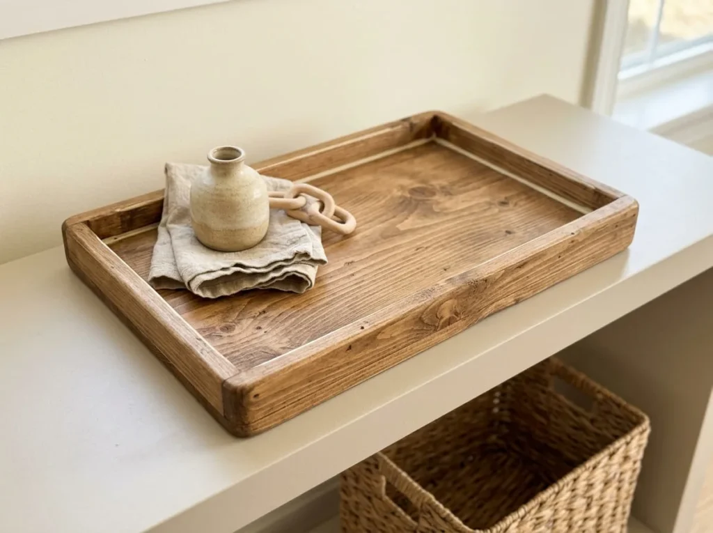 Handmade rustic wooden decorative tray with warm brown grain, subtle distressed edges, and simple neutral accessories.