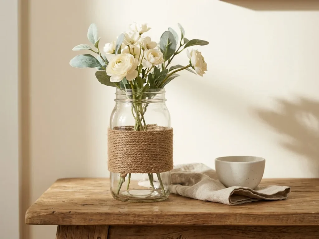 Clear mason jar wrapped with a natural jute twine band and filled with cream-colored faux flowers.