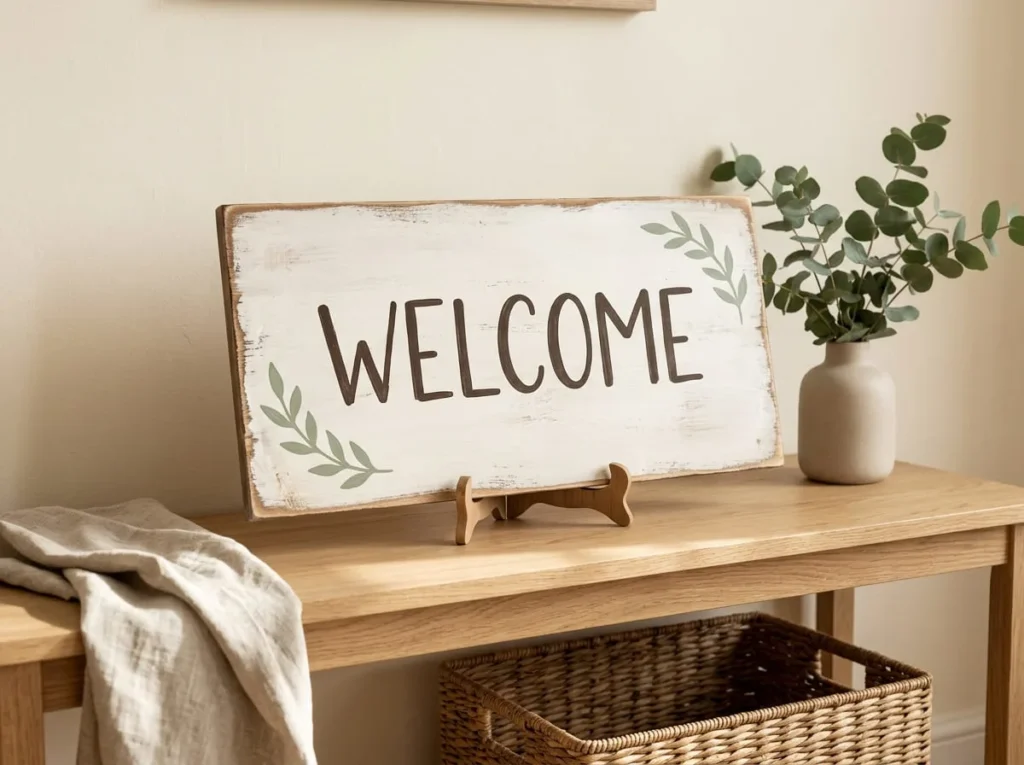 Handmade rustic WELCOME wooden sign with dark brown lettering and sage green leaves displayed on an entryway console.