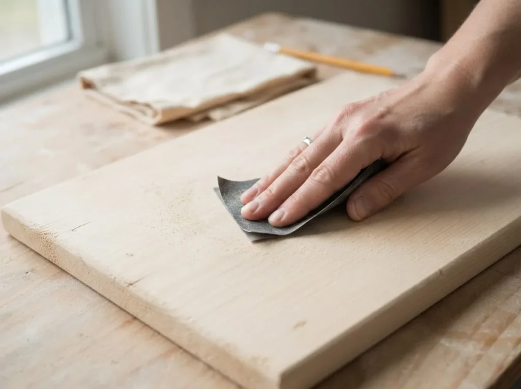 Hand gently sanding an unfinished wooden craft board before painting a handmade welcome sign.