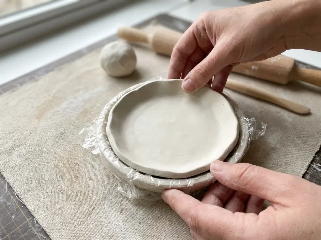 Adult hands gently forming a shallow round air-dry clay trinket dish with raised edges.