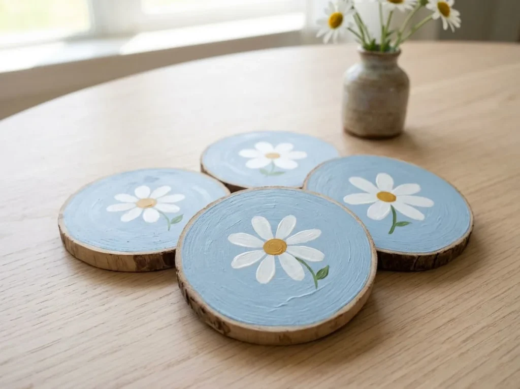 Handmade wooden coasters with white acrylic daisy flowers, yellow centers, and pale blue backgrounds.