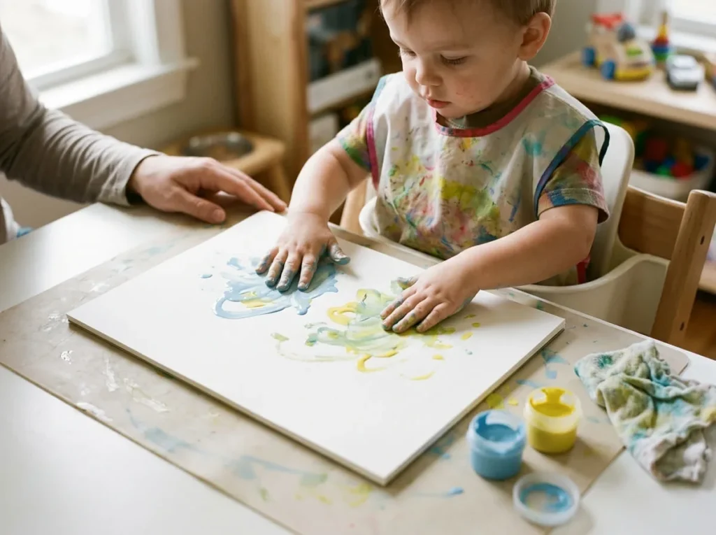 Supervised toddler finger painting with colorful washable paint on thick paper