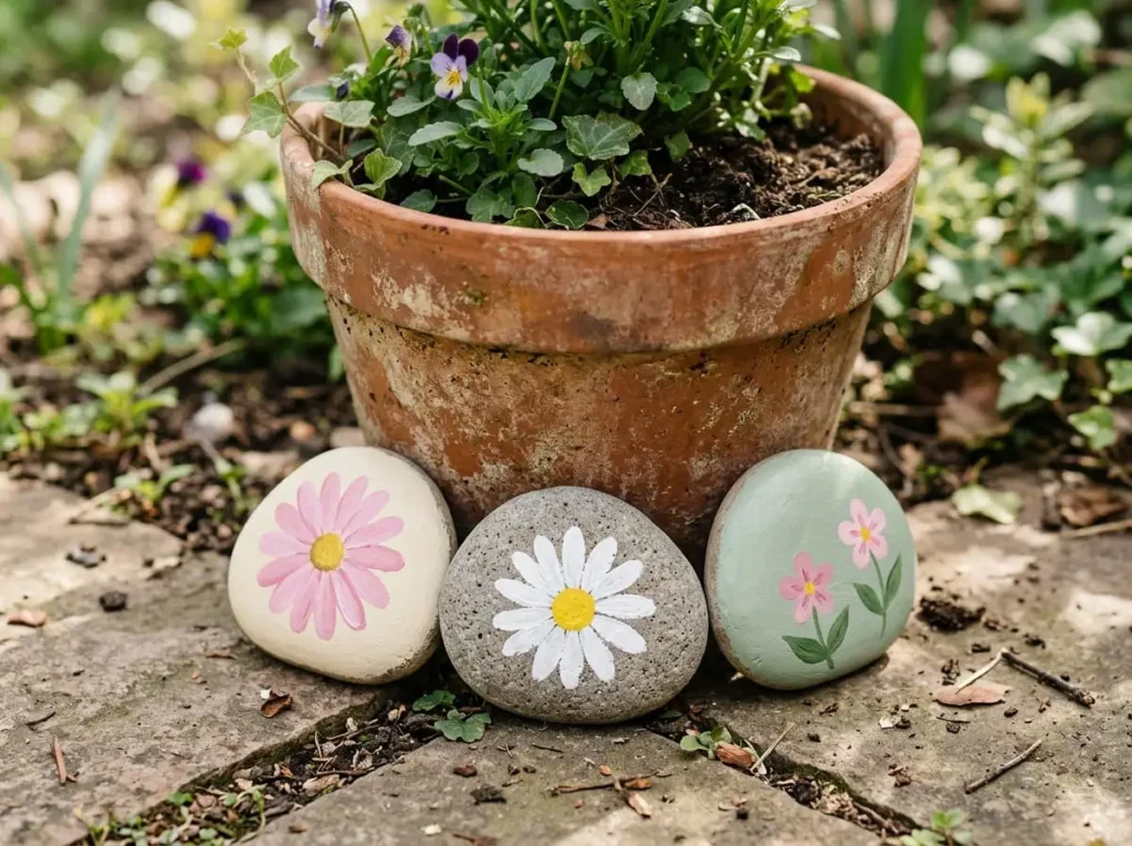 Handmade garden rocks painted with simple pink and white daisies and yellow flower centers.