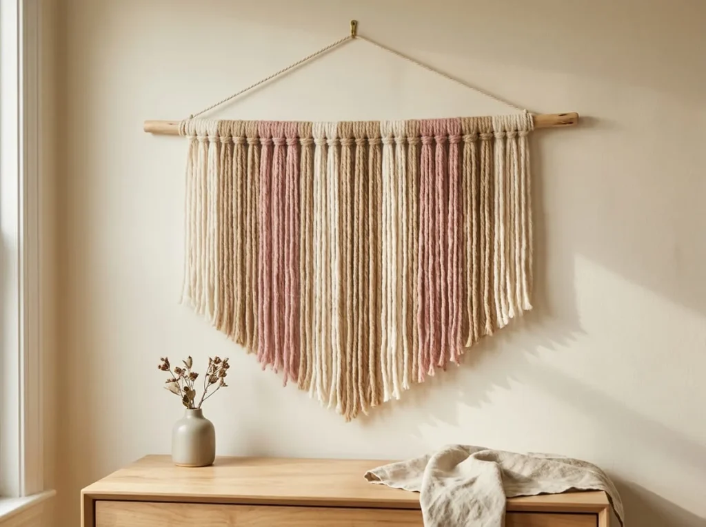Handmade cream and dusty pink yarn wall hanging tied to a wooden dowel and trimmed into a soft V-shape.