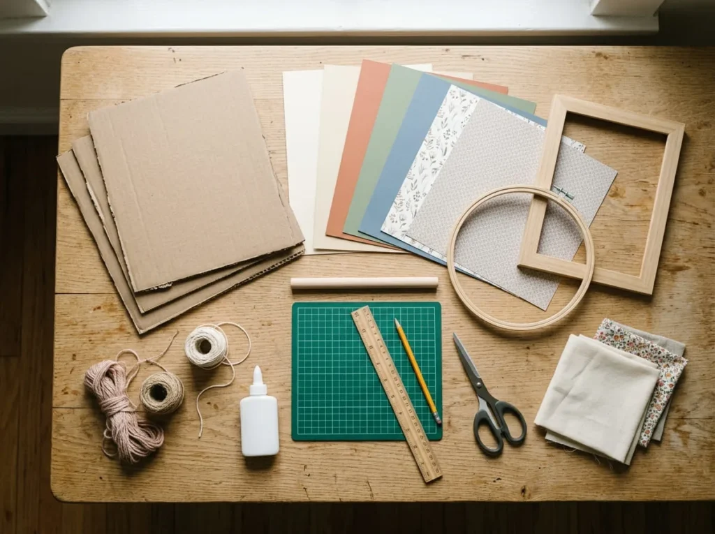 Colored cardstock, cardboard, fabric scraps, yarn, cotton string, scissors, and glue arranged for handmade wall art projects.
