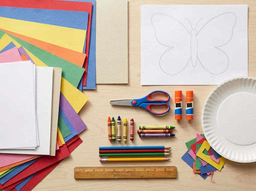 Colored construction paper, glue sticks, crayons, pencils, and child appropriate scissors arranged for easy paper crafts.