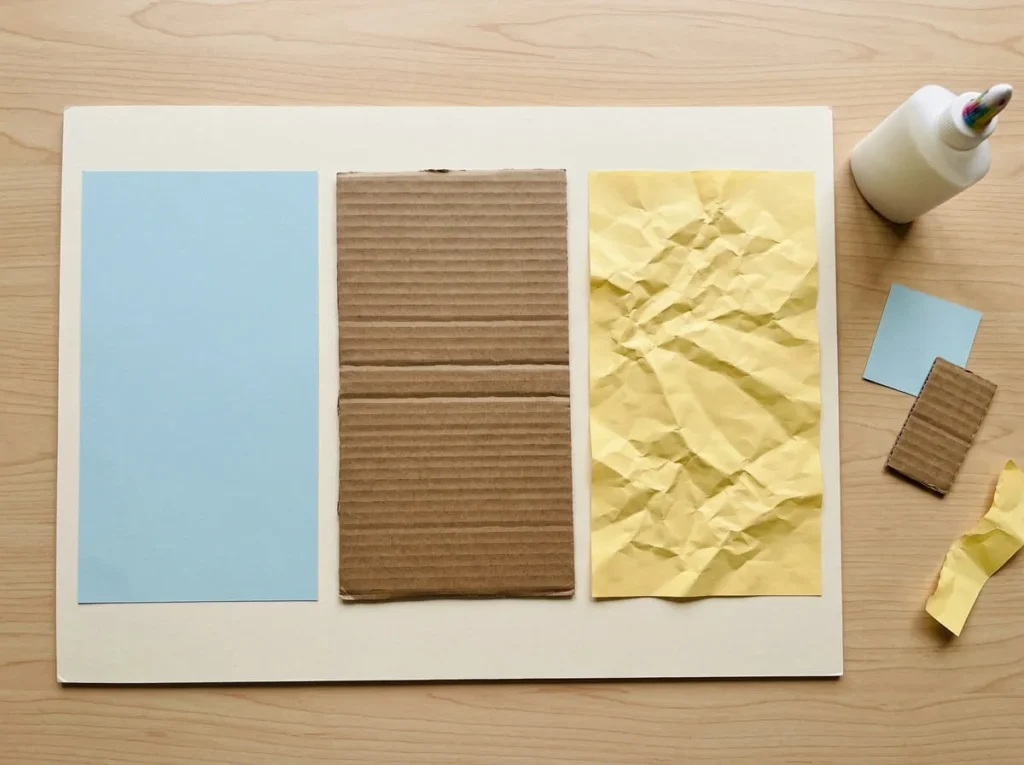 Simple toddler texture collage using smooth paper, corrugated cardboard, and crumpled paper