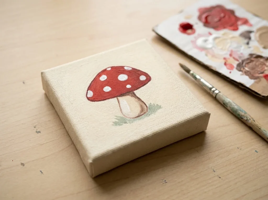 Small acrylic canvas painting featuring a red mushroom with white spots and a cream stem.