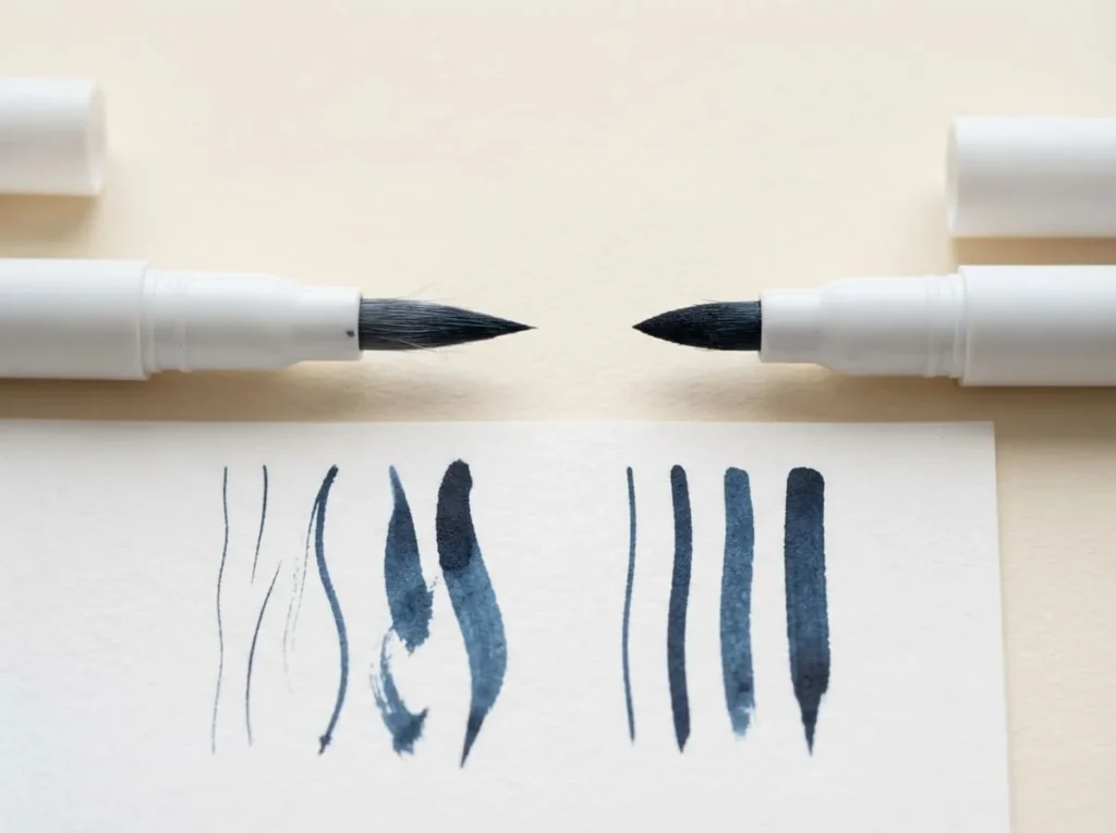 Soft and firm brush tip paint marker nibs with thin and broad paint stroke examples