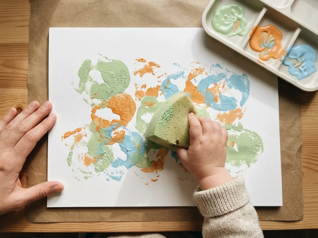 Large sponge texture painting activity with colorful prints on paper