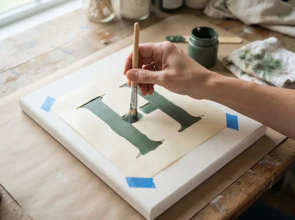 Hand dabbing acrylic paint through a secured letter stencil on a smooth wooden board.