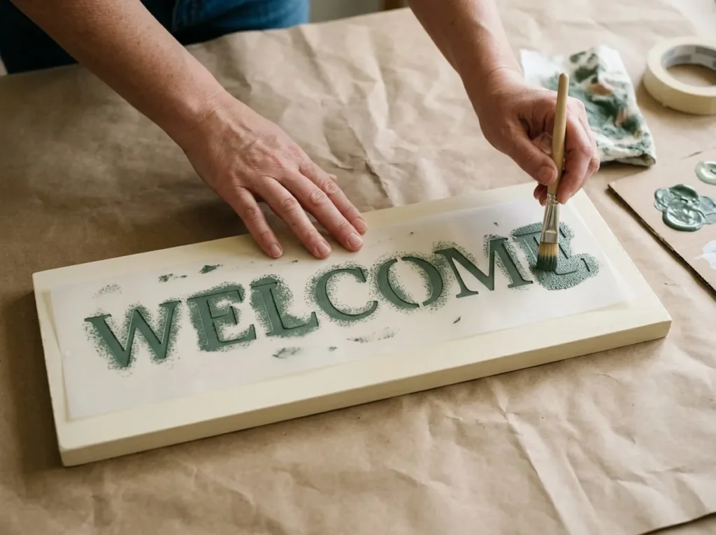Adult using a letter stencil and dark green acrylic paint to add WELCOME lettering to a cream wooden sign.