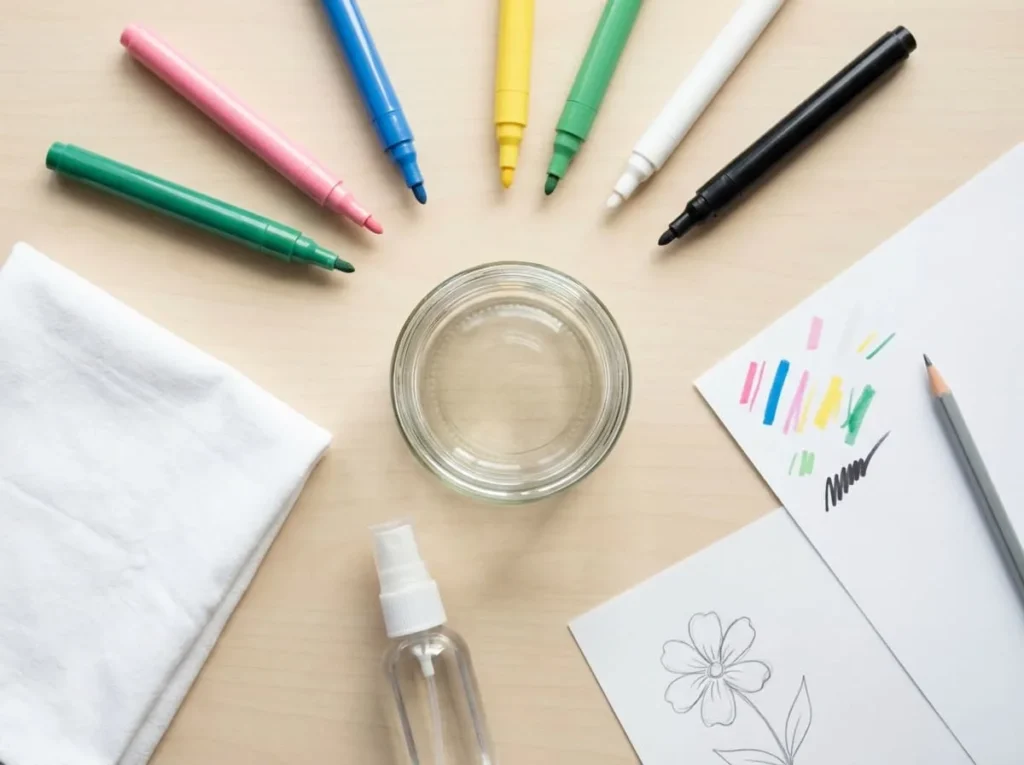 Acrylic paint pens, clear glass jar, cleaning cloth, scrap paper, and basic supplies arranged for glass painting.